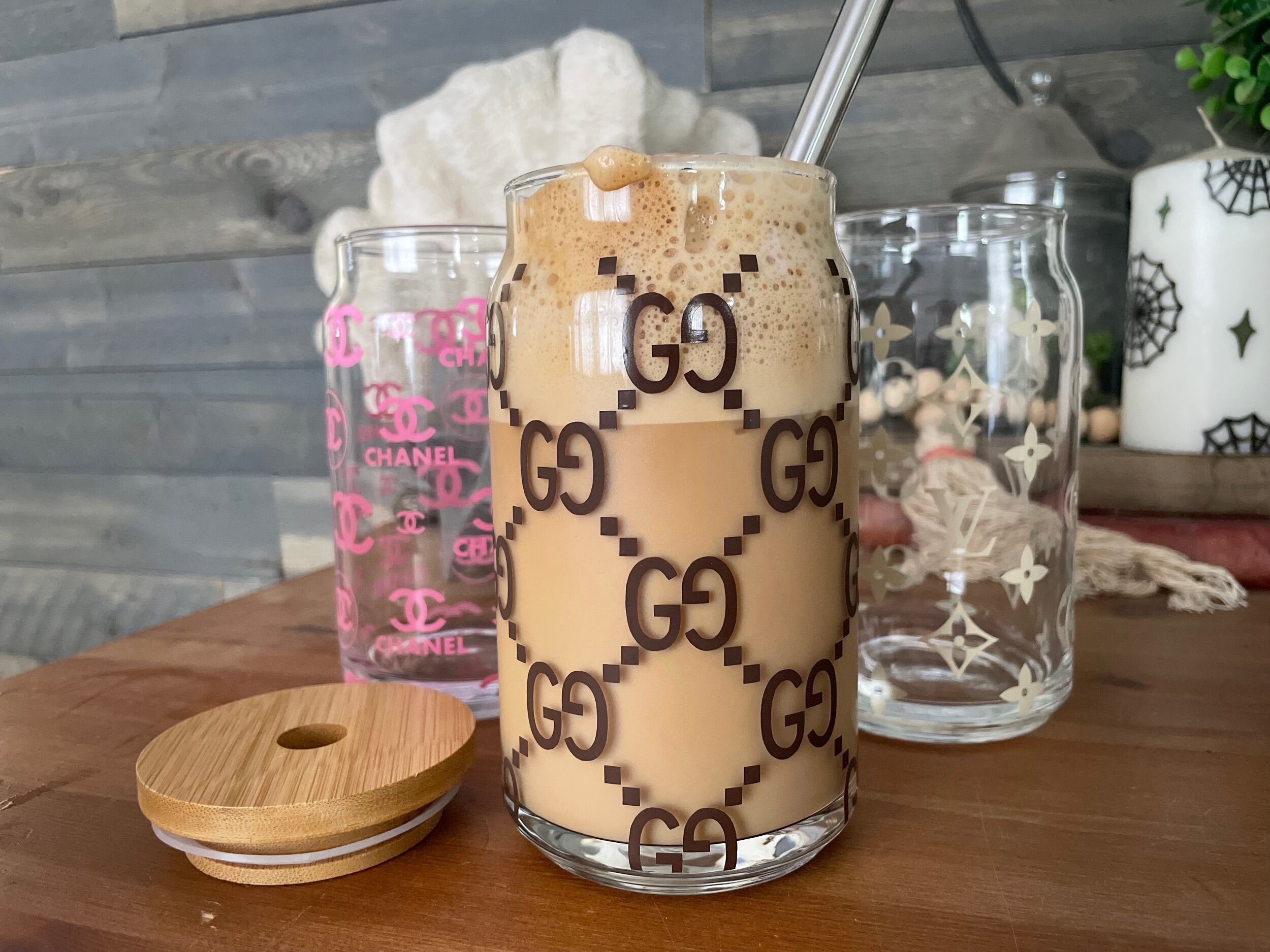 Designer Inspired Iced Coffee Cup - 16 or 20 oz Glass Beer Can GG —  MickeeMariee