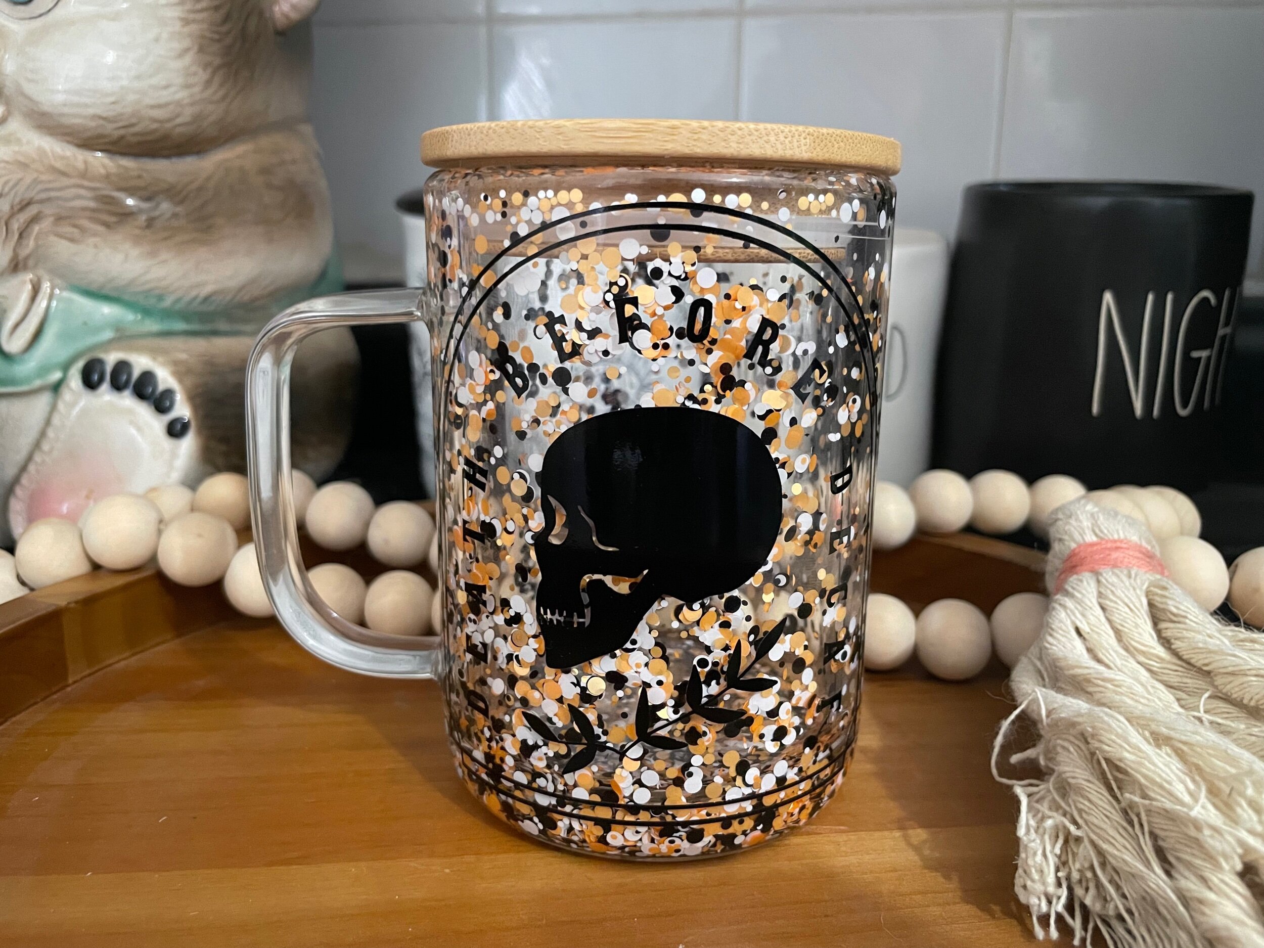 Death Before Decaf - Snow globe glass mug Halloween Goth — MickeeMariee