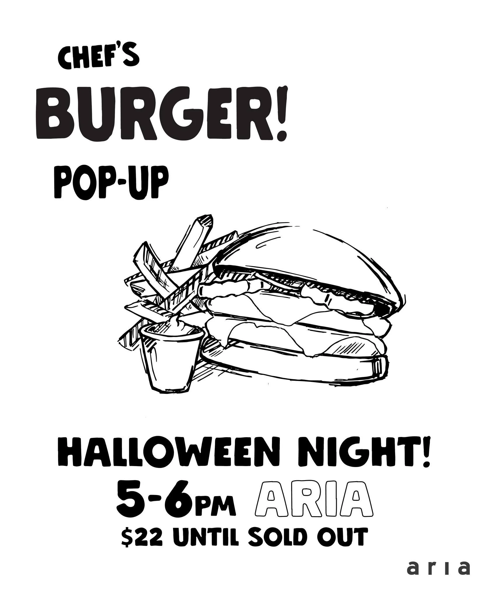 The Aria Burger is back! 🍔
This Friday, October 31st, from 5-6 PM. 

The juicy Aria Burger features two cooked-to-order quarter-pound patties topped with onions and bread and butter pickles on a brioche bun, served with fresh, hand-cut steak fries.
