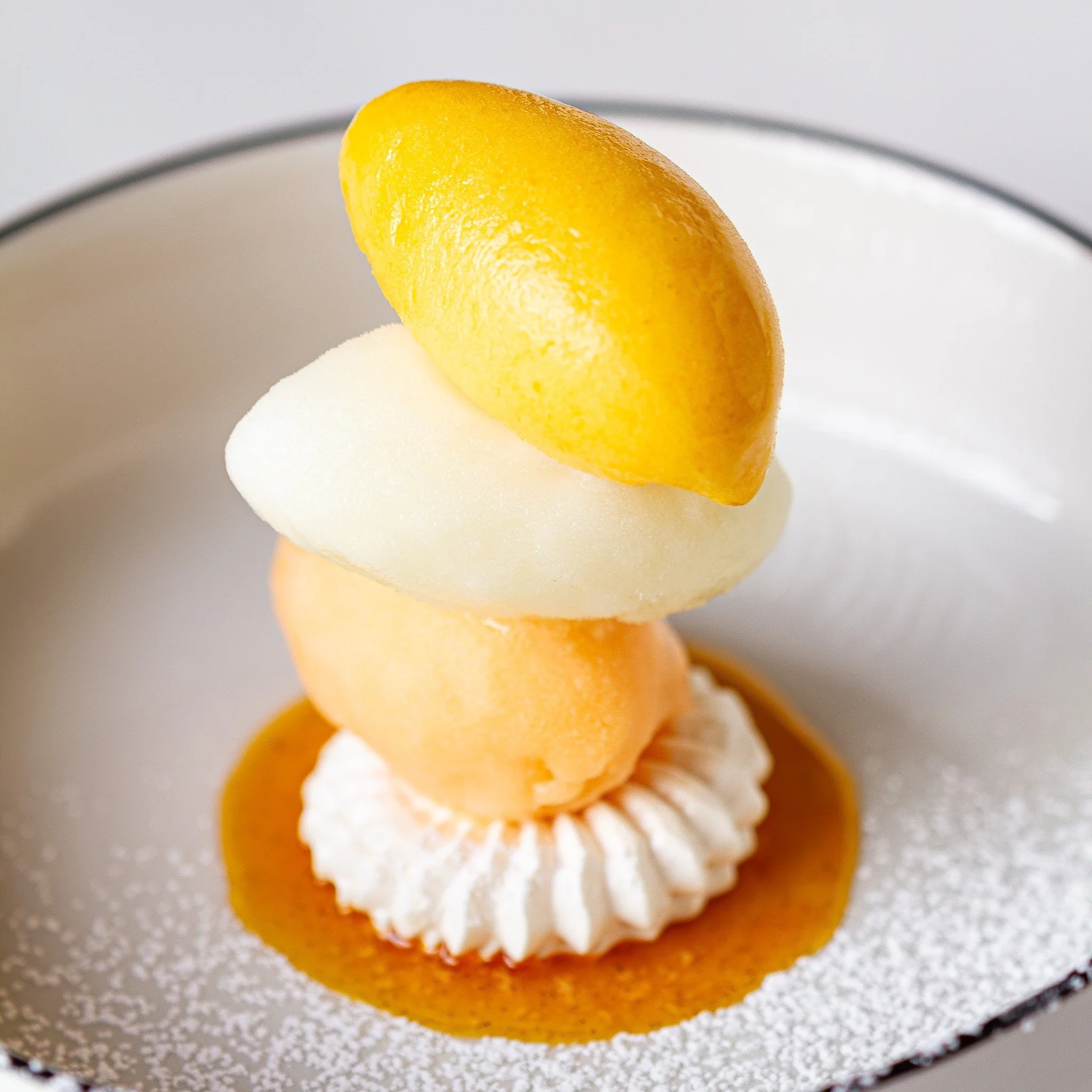 A bright finish to the evening. Fresh sorbets with meringue, one of each and meant to be shared...or not. 🍋✨