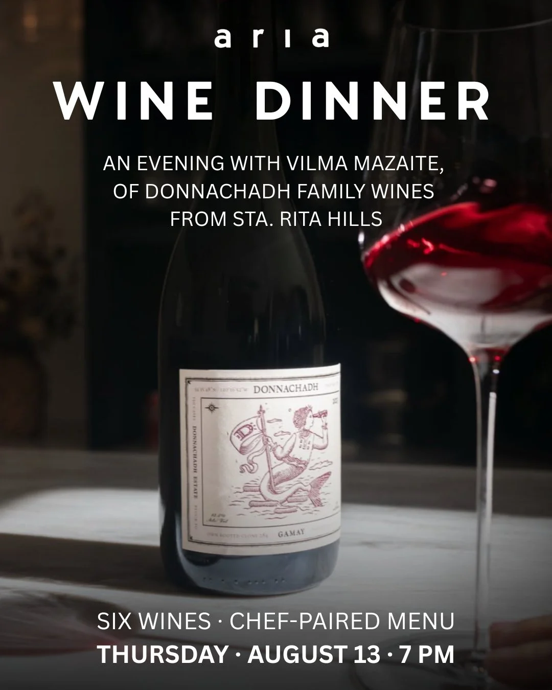 Join us at the table for an intimate dinner with Vilma Mazaite of @donnachadhwines on Thursday, August 13 at 7 p.m. 🍷⁠
⁠
Donnachadh Family Wines is rooted in a 285-acre family estate in the Sta. Rita Hills. Organically farmed vineyards stretch from 
