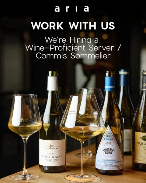 We&rsquo;re growing our team at Aria. 🍷⁠
⁠
Aria is seeking an experienced fine dining server with a genuine passion for wine to join our team.⁠
⁠
This full-time position offers the opportunity to work alongside our Senior Sommelier, Princeton Saunde