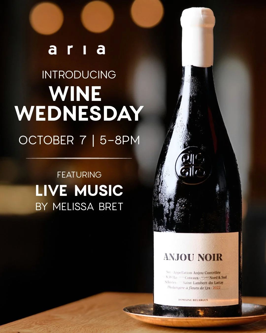 A few plates to share. A new favorite by the glass. Live music for the first time at Aria. 🍷🎼⁠
⁠
Join us October 7 for our first Wine Wednesday, featuring a new menu of small plates from Executive Chef Austin Goetzman, an expanded selection of wine