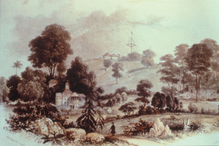 1840 lithograph showing the Government Hill with some evidence of the first “botanical and experimental garden” in Singapore. Source: The Singapore Botanic Garden .