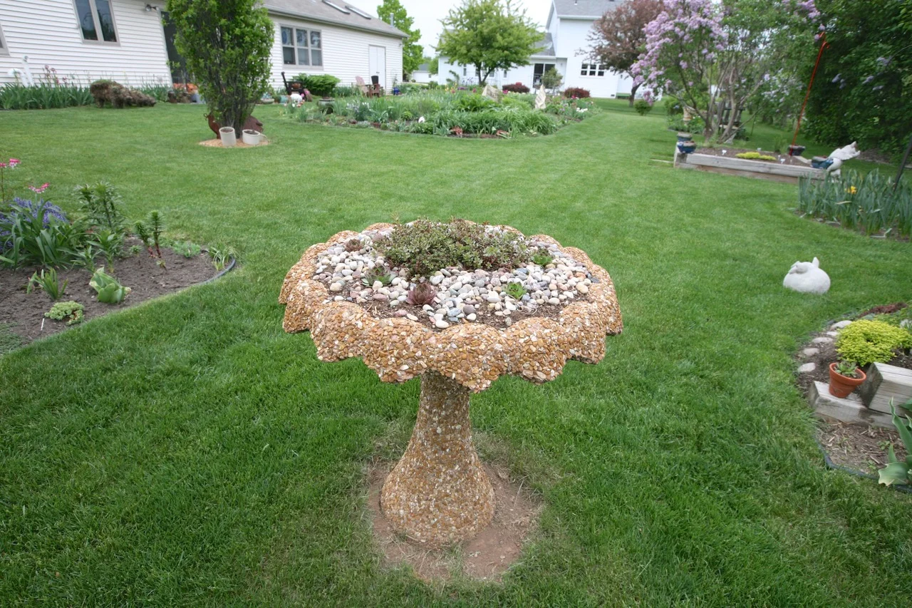Bird bath/ planter for succulents overlooks the layout of the rear garden beds.