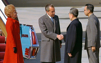 The Nixons meet Zhou in Beijing outside of Air Force One, 1972. Source: USC- US China Institute.