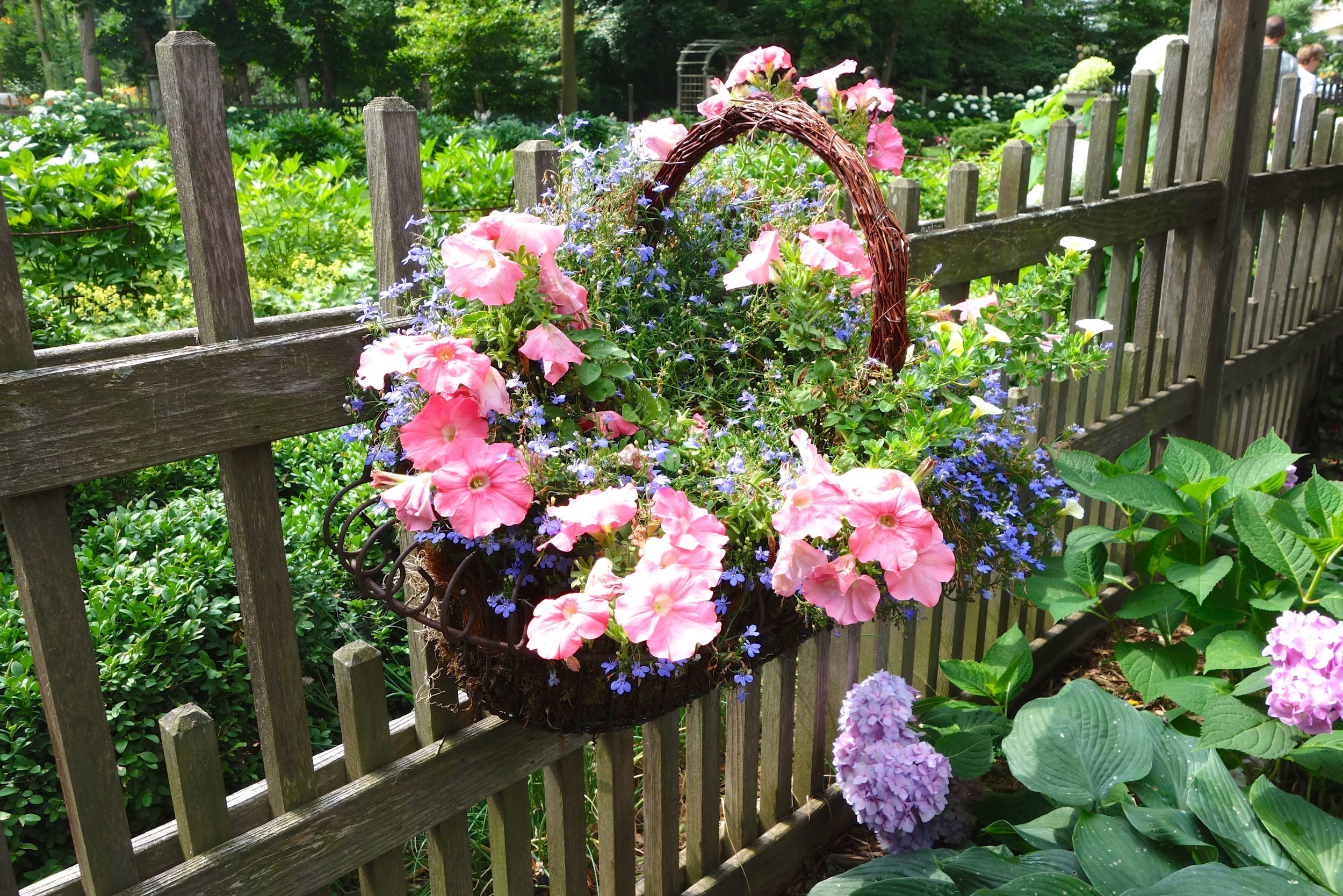   A basket of flowers hangs on the arts and crafts style wooden fence that Catherine designed.&nbsp;    