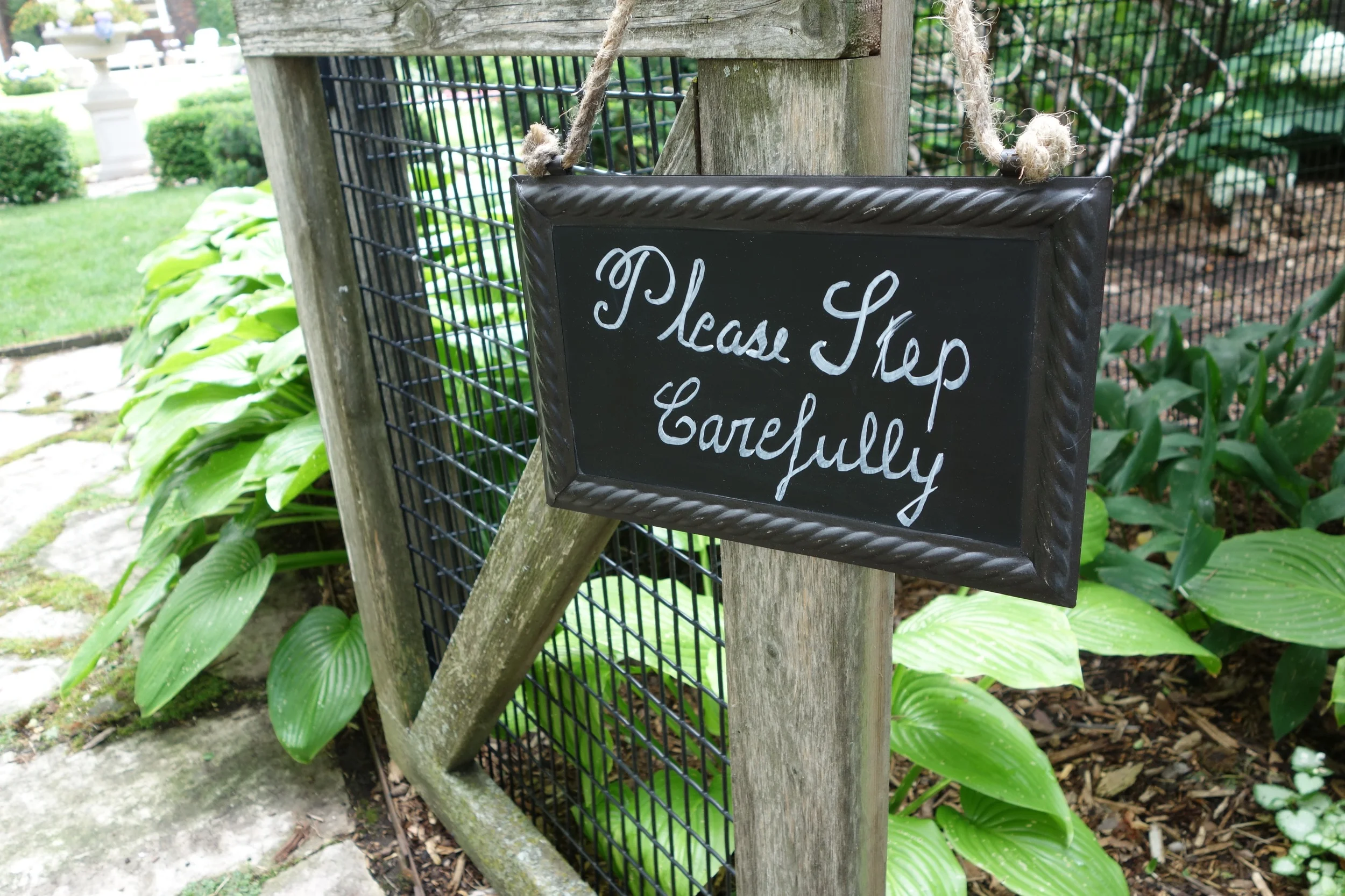 This understated sign is a typical detail in Catherine’s garden. It is both useful and attractive.