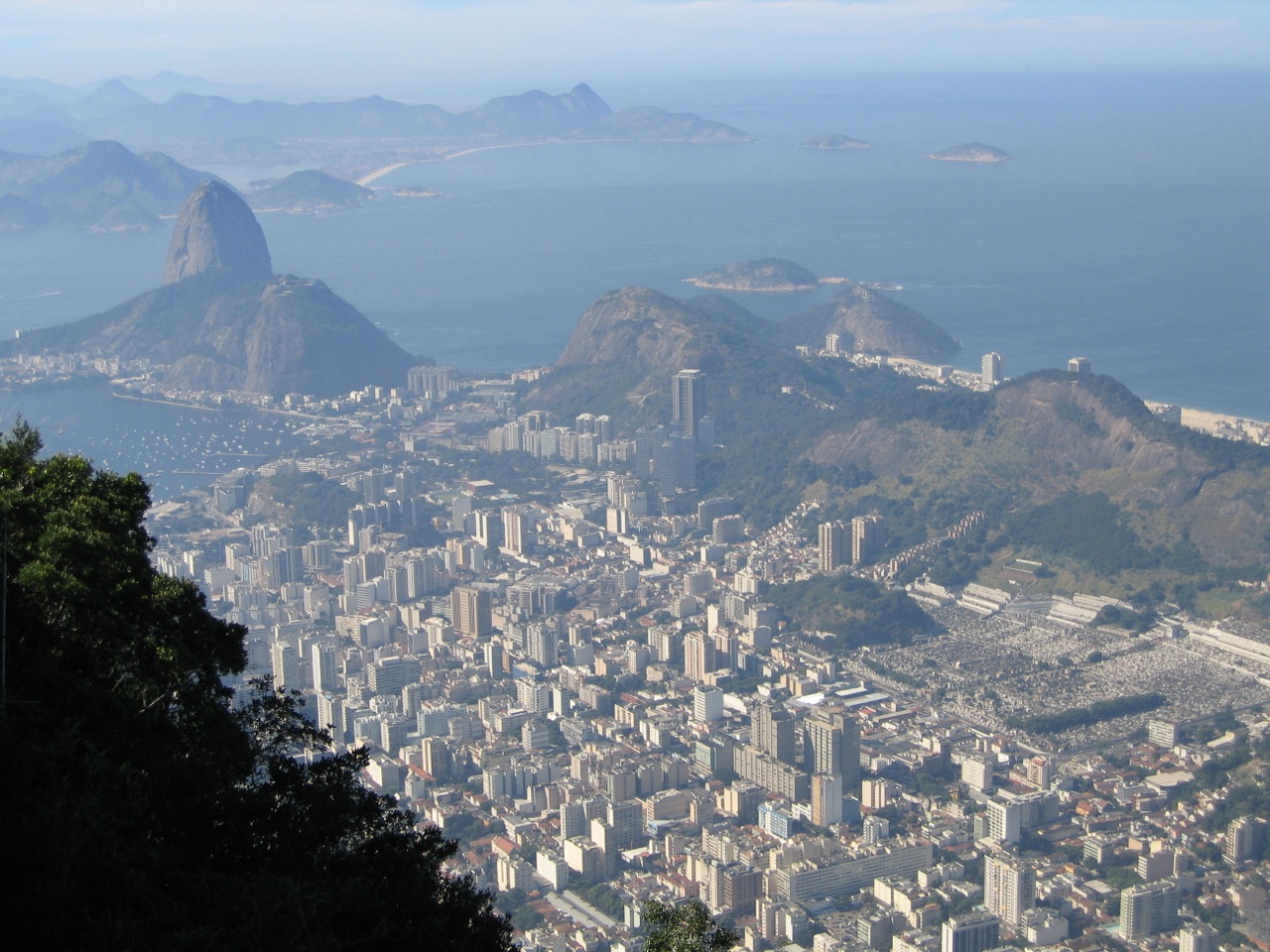 View of Rio de Janeiro from Corcovado. The Jardim Botanico lies at the base of this mountain.