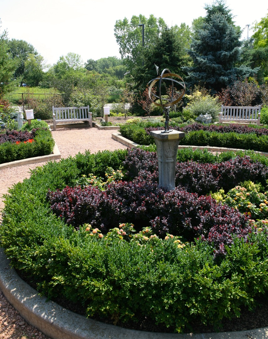 Blocks of annual flowering plants add summer interest to the knot garden.