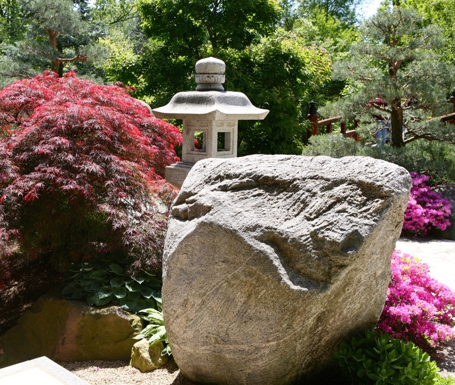Boulders play an important role in the design of the landscape. This beautiful one marks the entrance to the Pond Strolling Garden.