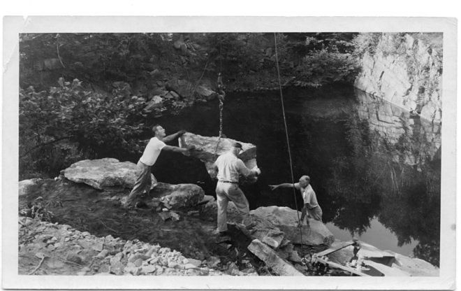 Russel Wright directing workers moving boulders at Manitoga. Source: curbed.com