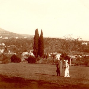 Hortense and Arthur Acton at Villa La Pietra in 1903. At that time the landscape was in the English picturesque style. Acton would spend his life "restoring" the garden with the axes and terraces you see above. Image: NYU Villa La Pietra