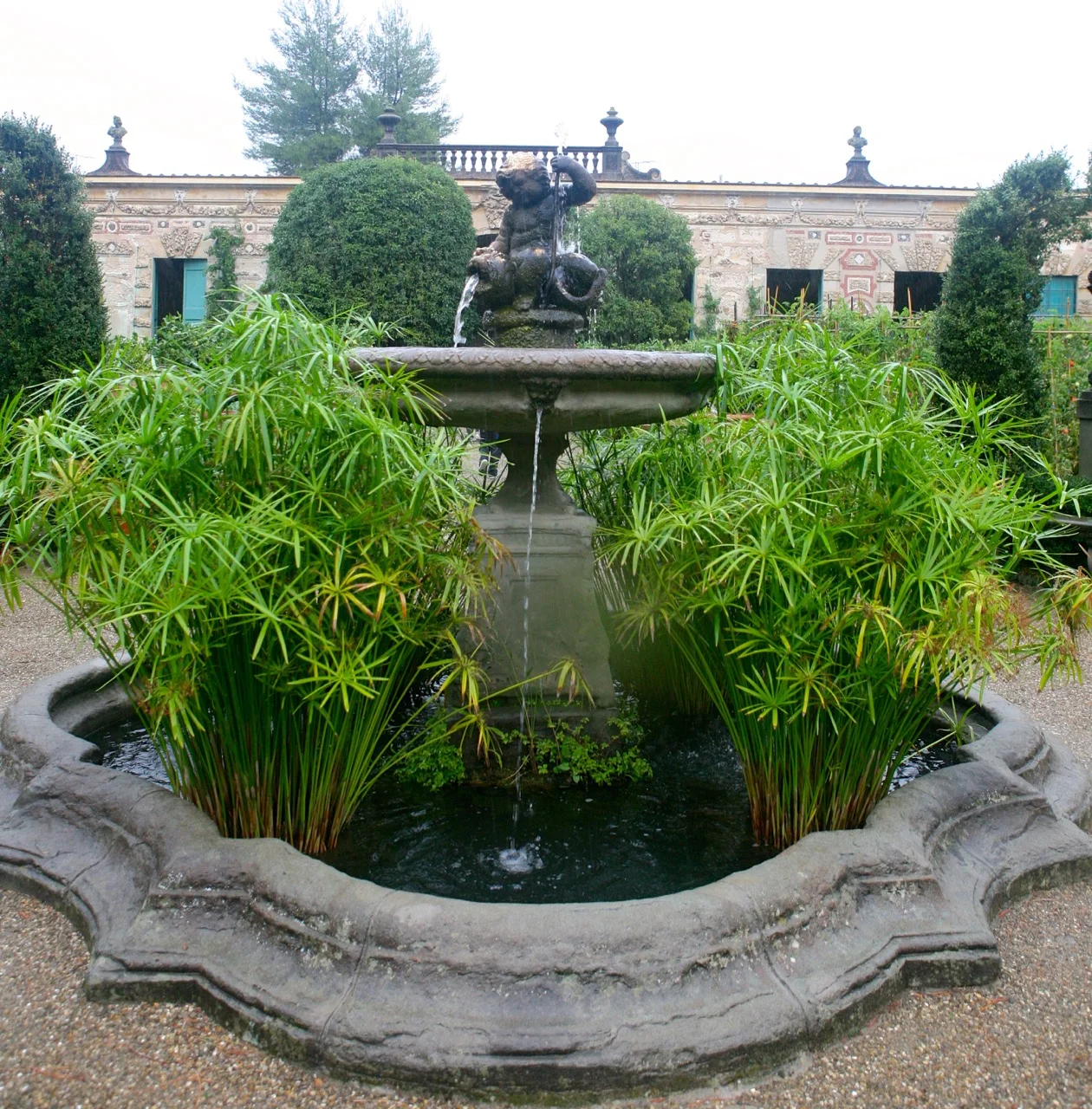 A mer-boy sits atop the central fountain. Water loving papyrus makes a bold statement. WHo thought vegetable gardens couldn't have style.