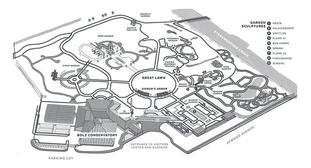 The circular "Great Lawn" organizes the landscape. 