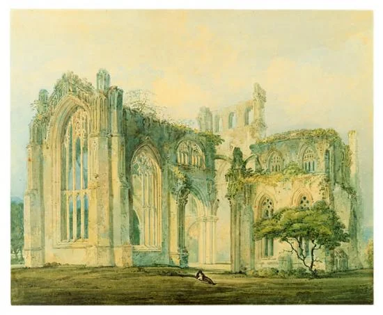 Thomas Girtin's (1775–1802) Melrose Abbey . "Girtin was not so much interested in architectural detail as in the spirit of the place, atmospheric effects, and interpretative touches that might evoke emotion or set a mood." Source: The Morgan Library