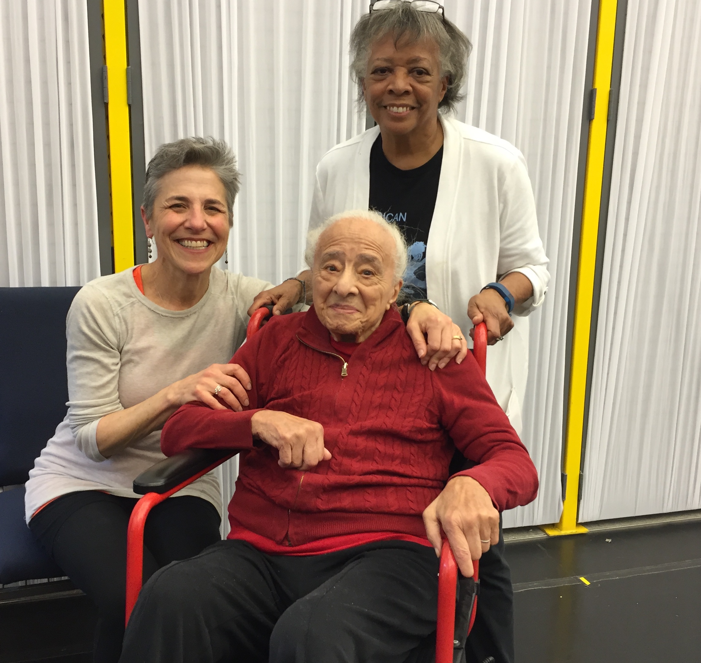 Olive Adams, smiling after the community dance workshop, with her daughter Julie Strandberg and Rachel Balaban.