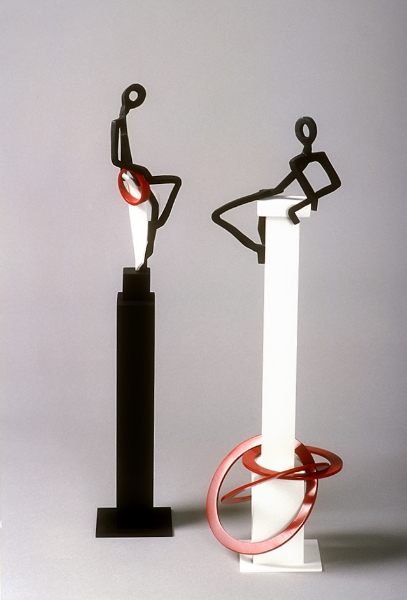 Jack and Jill, 15"x 4"x4", two sets, cast plastic, paint, plexiglas, 1998 (SOLD)
