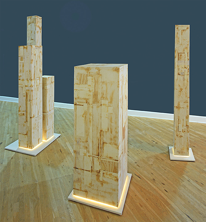 Dialogue, Box 1: 9’x 8”, Box 2: 6’x 12”, Box 3: 4’x 10”, Box 4: 5’x 22”, Box 5: 7’x 9", wood, paper, LED lights, 2015