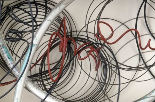 Tangled Web close-up, 13"x 17"x 7", plexiglas, wire, paint, tubing, 2011