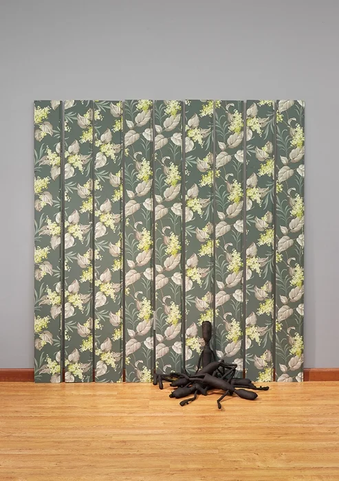 Fences , 75”x 68”x 19”, wood, wallpaper, hand sewn folk art dolls, ink, 2018