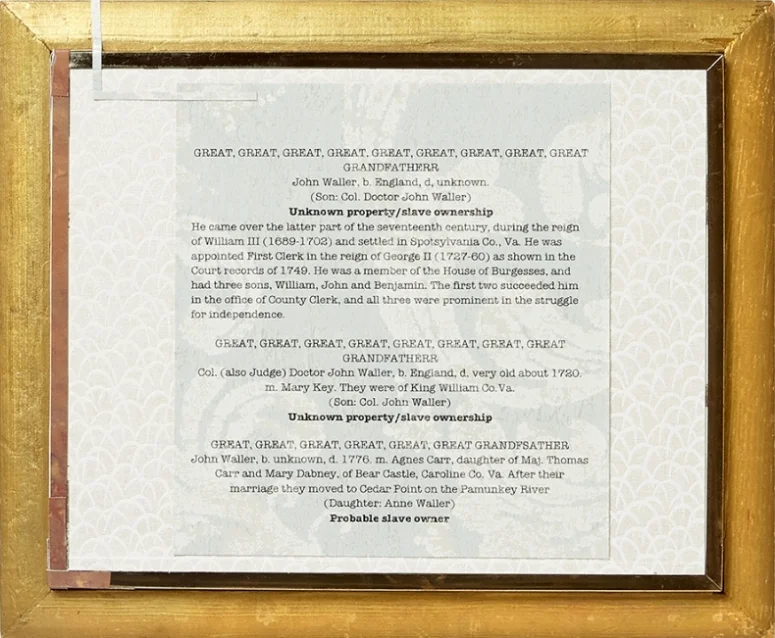 Flip-side of Broken Window , 10”x 12”, text copied from documents about the artist’s great, great, great, great, great, great, great, great, great grandfather, great, great, great, great, great, great, great, great grandfather, and great, great, great, great, great grandfather printed on wallpaper, 2018