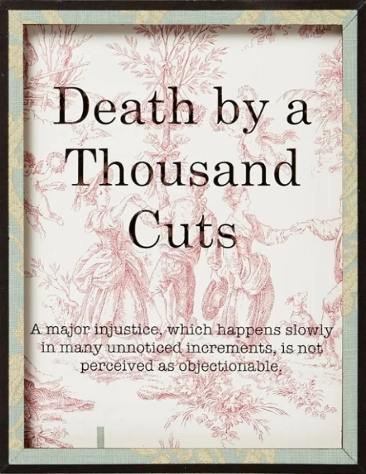 Death by a Thousand Cuts , 9.5x 7”, title and text for artwork, frame, wallpaper, text printed on wallpaper, 2018