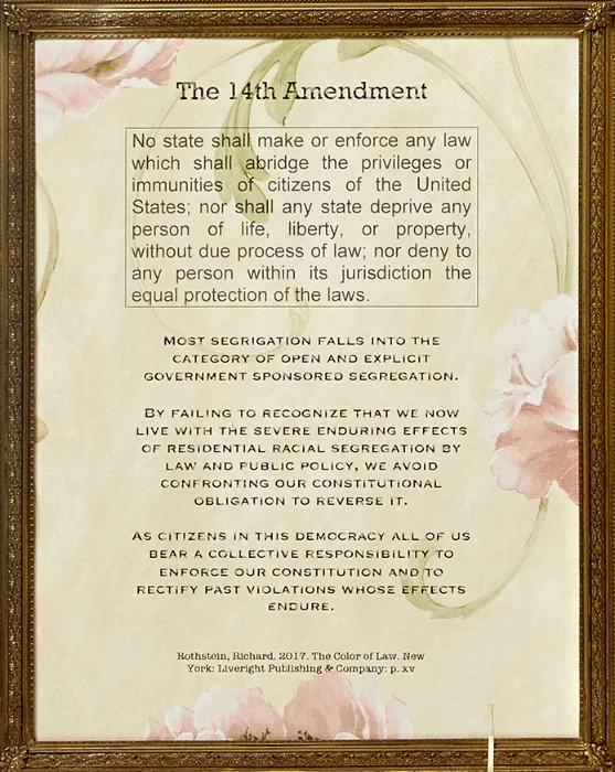 The 14th Amendment , 10”x 8”, one of ten frames for the artwork titled The Dark Side of Things , wallpaper, text printed on wallpaper, 2018