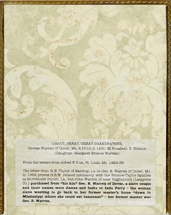 The 14th Amendment , 10”x 8”, frame, wallpaper, text copied from documents about the artist’s great, great, great grandfather printed on wallpaper, 2018