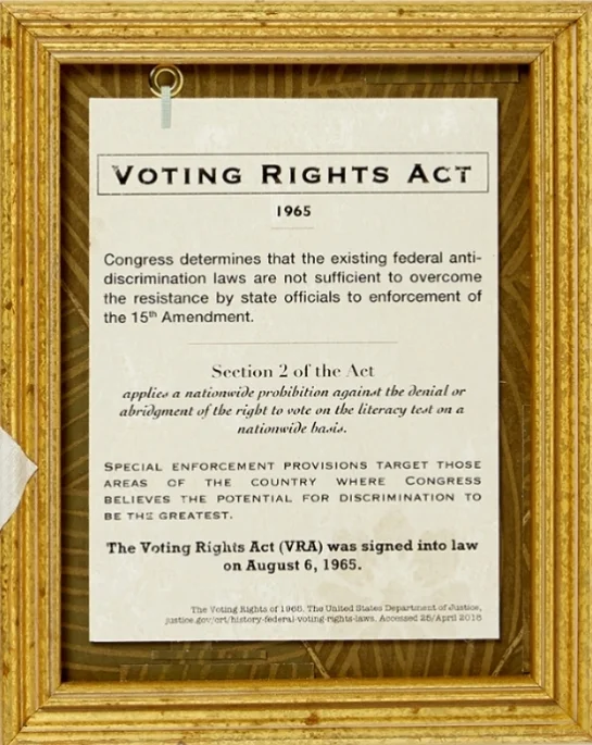 1965 Voting Rights Act , 10.5”x 8”, one of ten frames for the artwork titled The Dark Side of Things , grommet, wallpaper, text printed on wallpaper, 2018