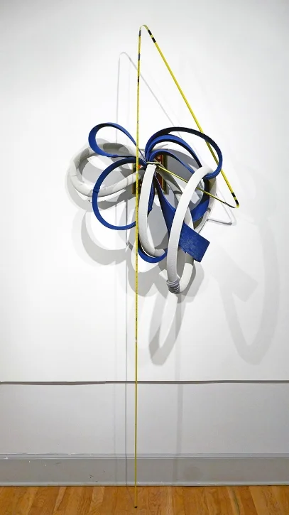 Gender Bias : sculpt-ress /skelptress/ noun/ a female artist who makes sculptures, sculptor /skelpter/ noun/ an artist who makes sculptures, 96"x 34"x 18", frame, wallpaper, table vise, pipe insulation, aluminum flashing, C-clamp, stockings, measuring tape, vacuum cleaner hose cover, 2017