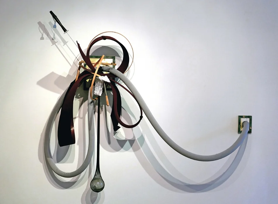 Woman's Work , 52"x 60"x 14", frame, table vise, pipe insulation, aluminum flashing, buttons, wallpaper, vacuum cleaner hose cover, stockings, kitchenware, needlepoint frames, thong, 2017