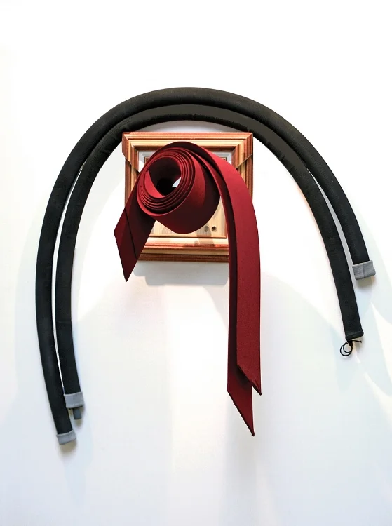 What Now? , 35"x 35"x 11", frame, table clamp, pipe insulation, aluminum flashing, wallpaper, vacuum cleaner hose cover, tights, 2017