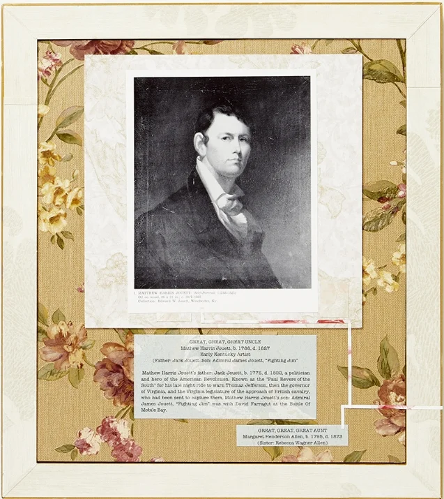 Flip-side of Jim Crow Rule , 17.5”x 16”, frame, wallpaper, copy of a painting of the artist’s great, great, uncle and text copied from documents printed on wallpaper, 2018