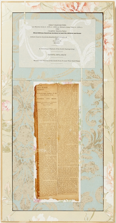 Flip-side of U.S. Supreme Court , 25.5x 12.5, frame, wallpaper, original newspaper clipping from the artist’s great grandmother’s documents and text copied from documents on wallpaper, 2018