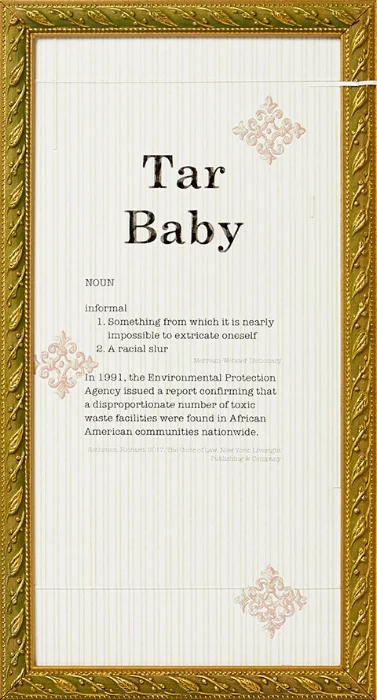 Tar Baby, 15.5”x 8”, title and text for artwork, frame, wallpaper, text printed on wallpaper, 2018