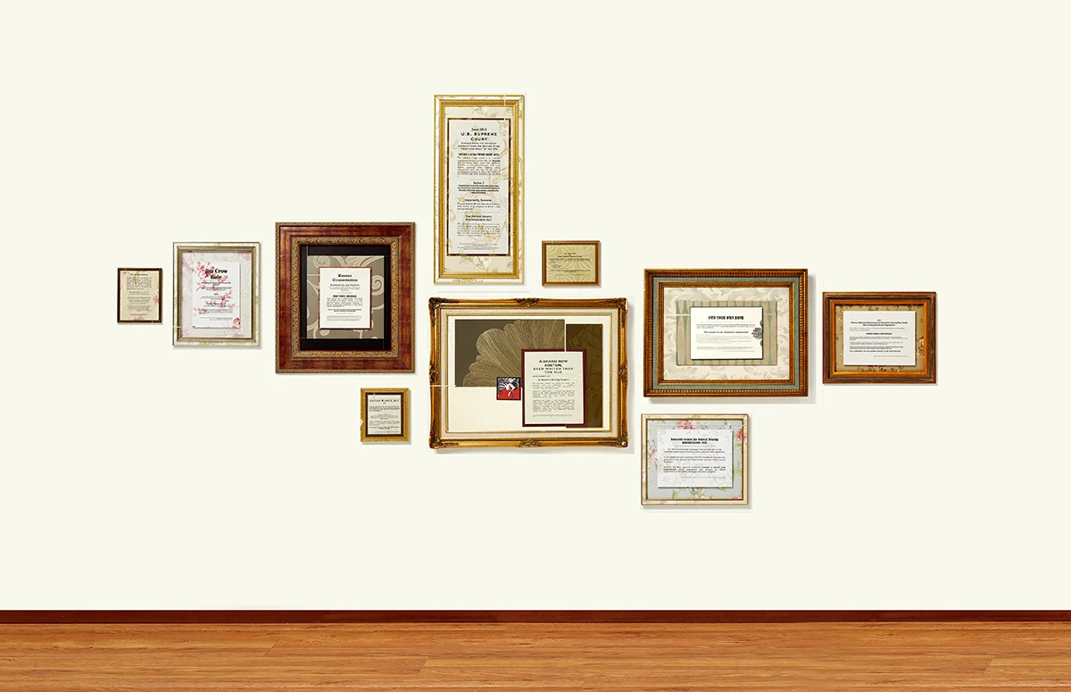 The Dark Side of Things , dimensions vary, 10 frames, wallpaper, text of racially explicit laws, regulations, policy, and government practices printed on wallpaper, 2018