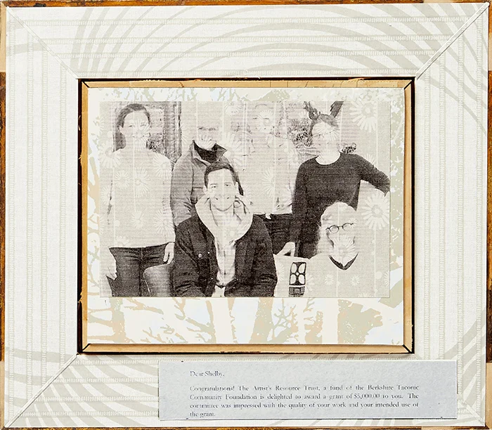 Flipside of This Project , 9.5”x 11”, frame, wallpaper, congratulations letter, photograph of artists at Jentel Art Residency, April 2018 printed on wallpaper, 2018