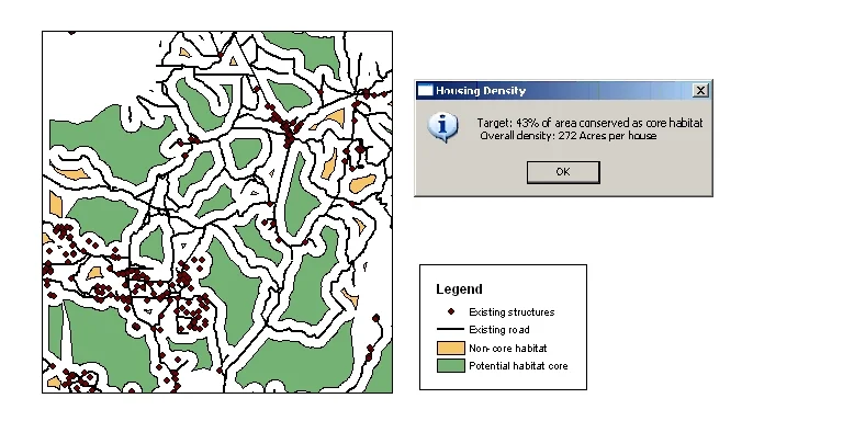 Evaluate habitat cores. Green areas are undisturbed areas sufficiently large enough to serve as a habitat core.