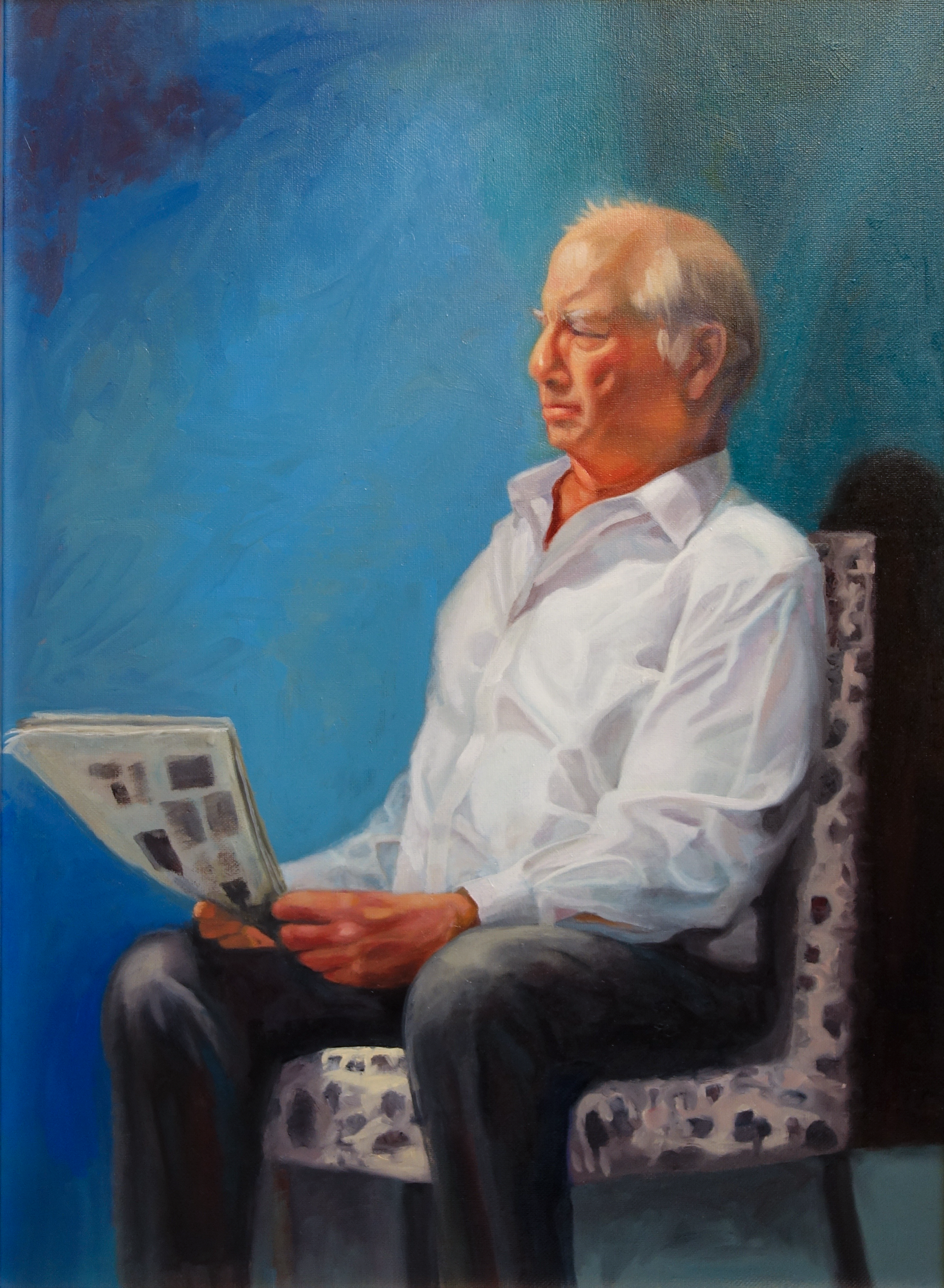 Morning News 18" x 24", oil on canvas For sale, contact the artist