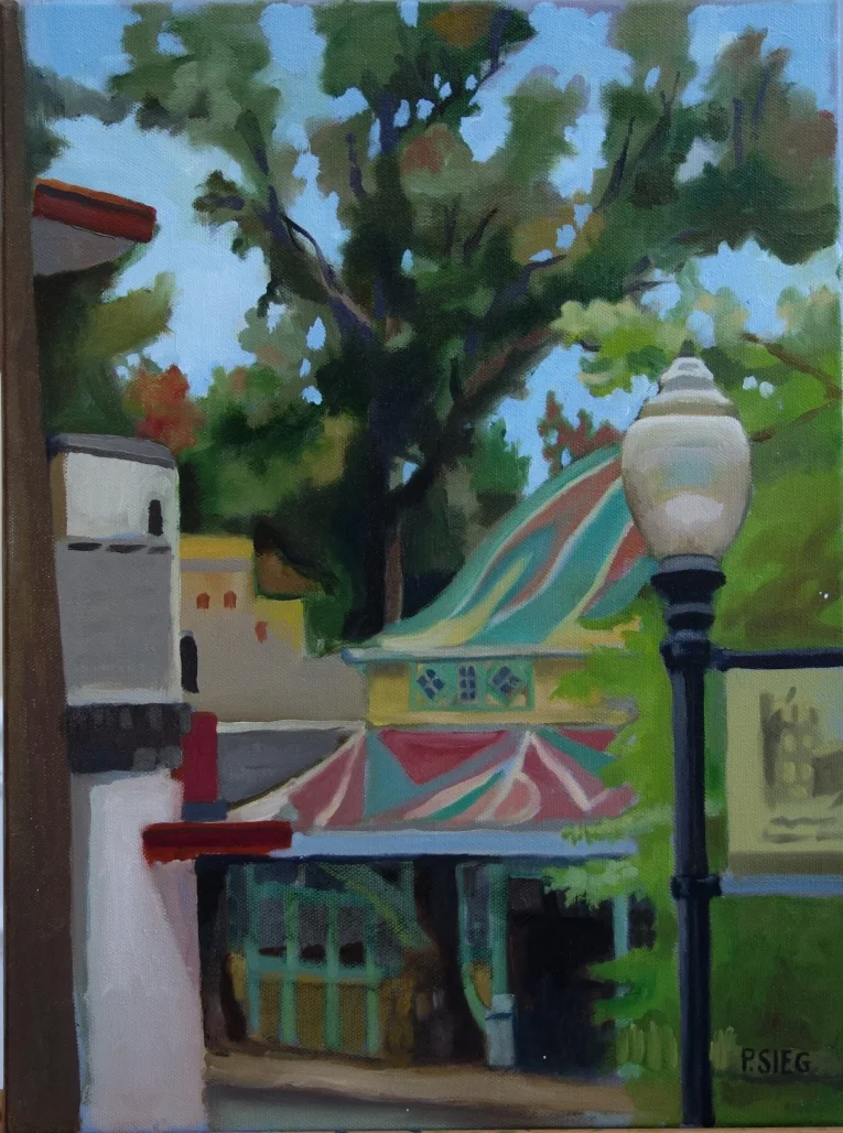Streetlamp, Carousel and Trees 12" x 16", oil on canvas For sale, contact the artist