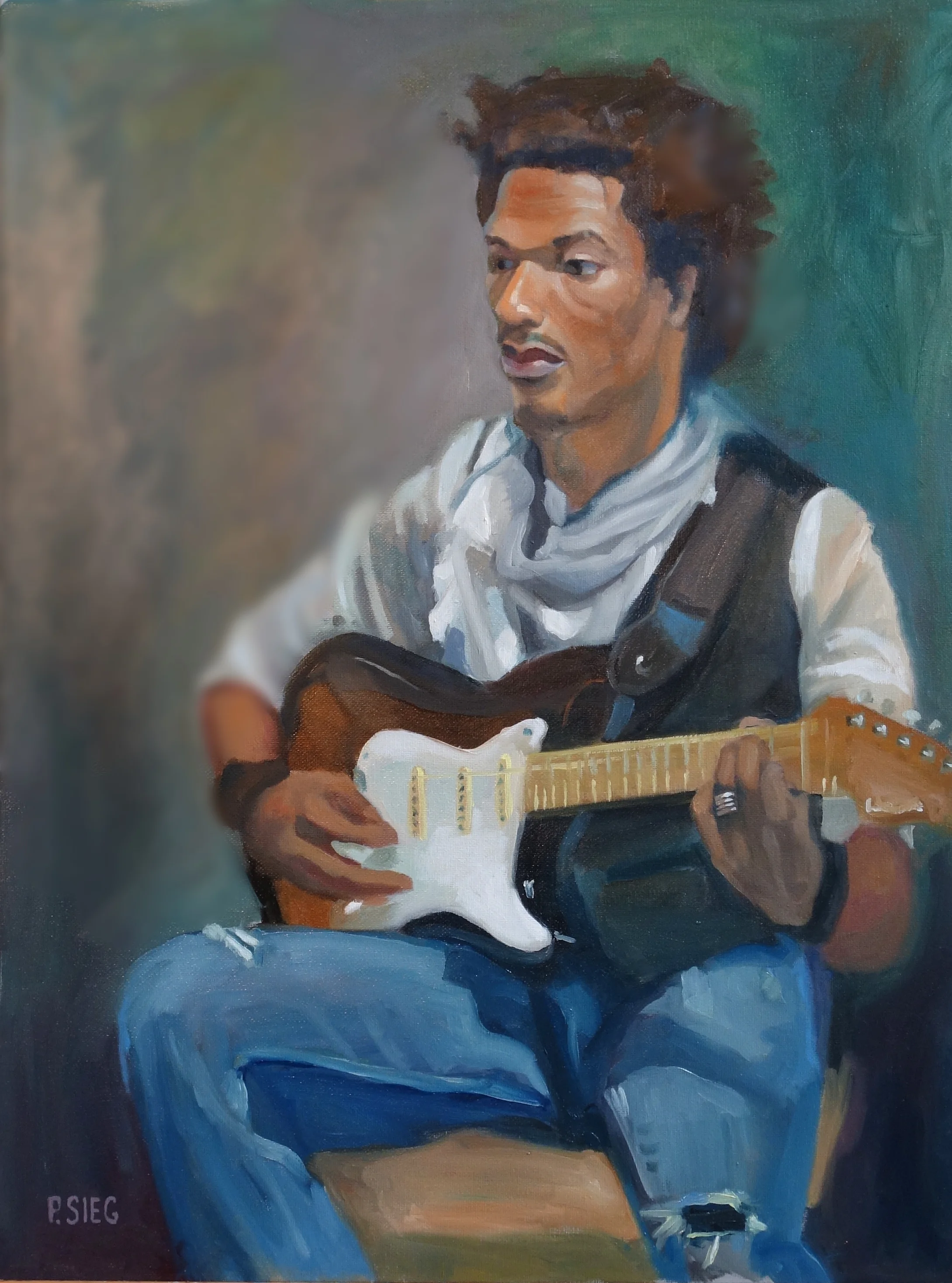Scarf, Guitar and Torn Jeans 18" x 24", oil on canvas For Sale, contact the artist