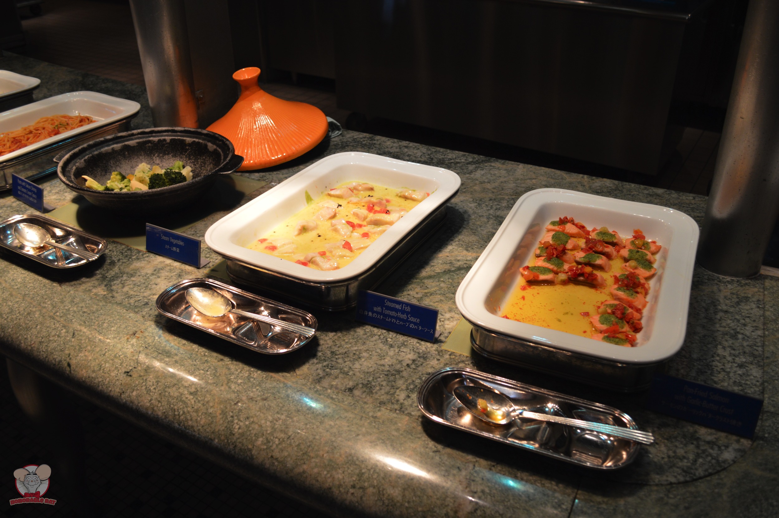 Steamed Vegetables (Left), Steamed Fish with Tomato Herb Sauce (Middle), Pan Fried Salmon with Garlic Butter Crust (Right)