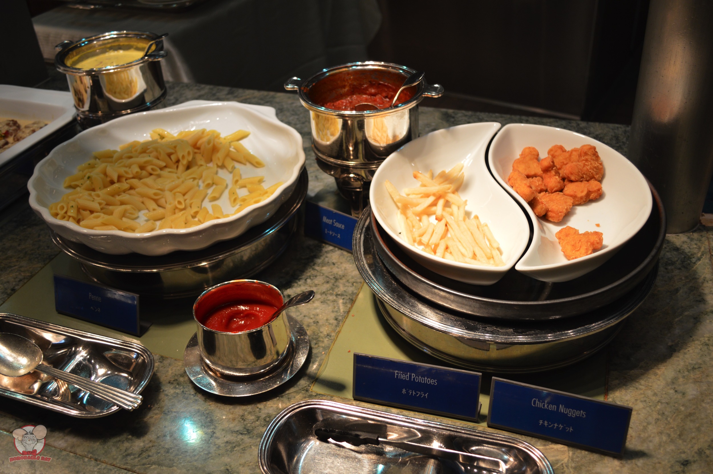 Penne (Left), French Fries (Middle), Mickey shaped Chicken Nuggets (Right)