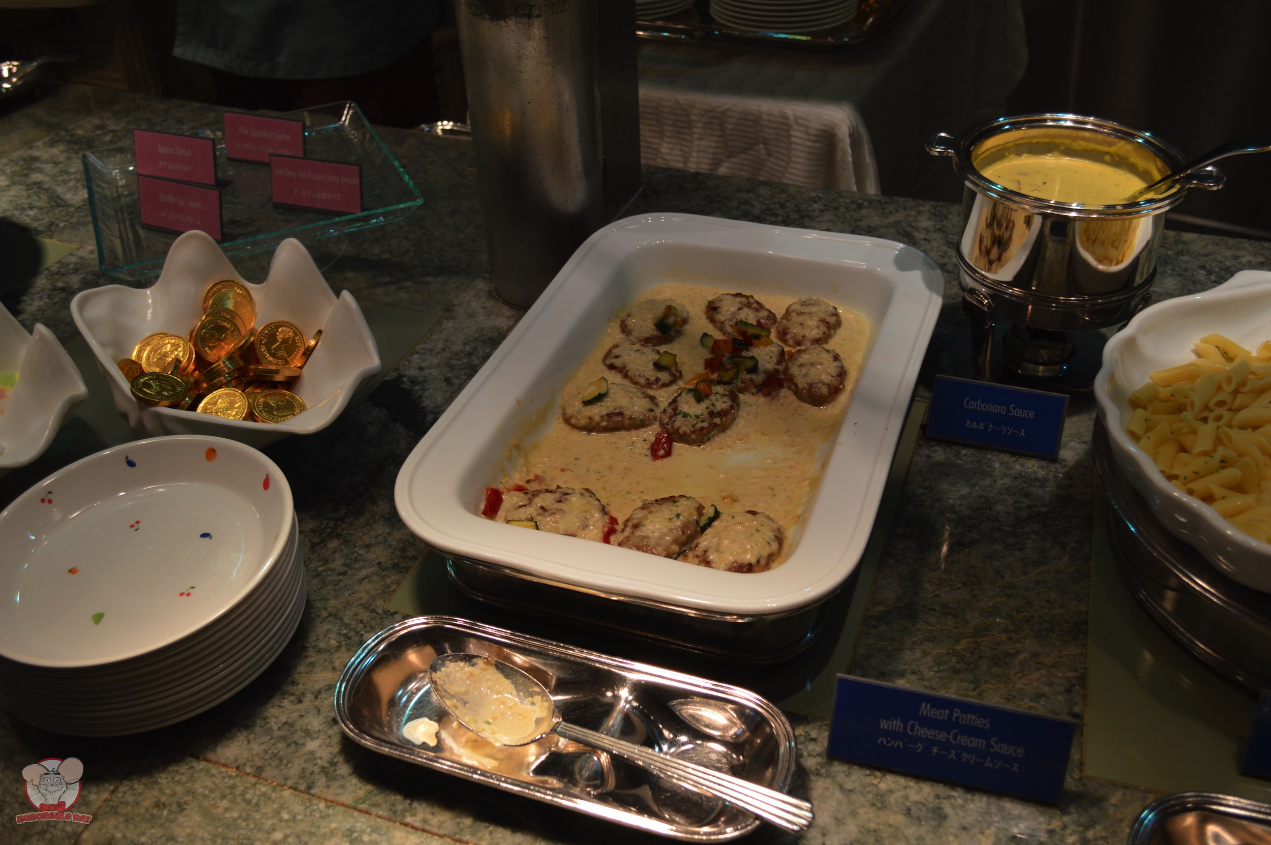 Chocolate Coins (Left), Meat Patties with Cheese-Cream Sauce (Middle), Carbonara Sauce (Right)