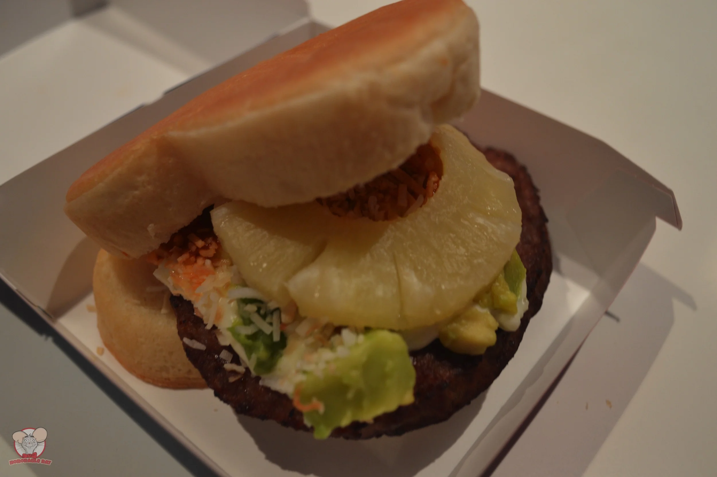 Closer look at the Pineapple, Avocado & Beef Patty Mickey Bread Sandwich
