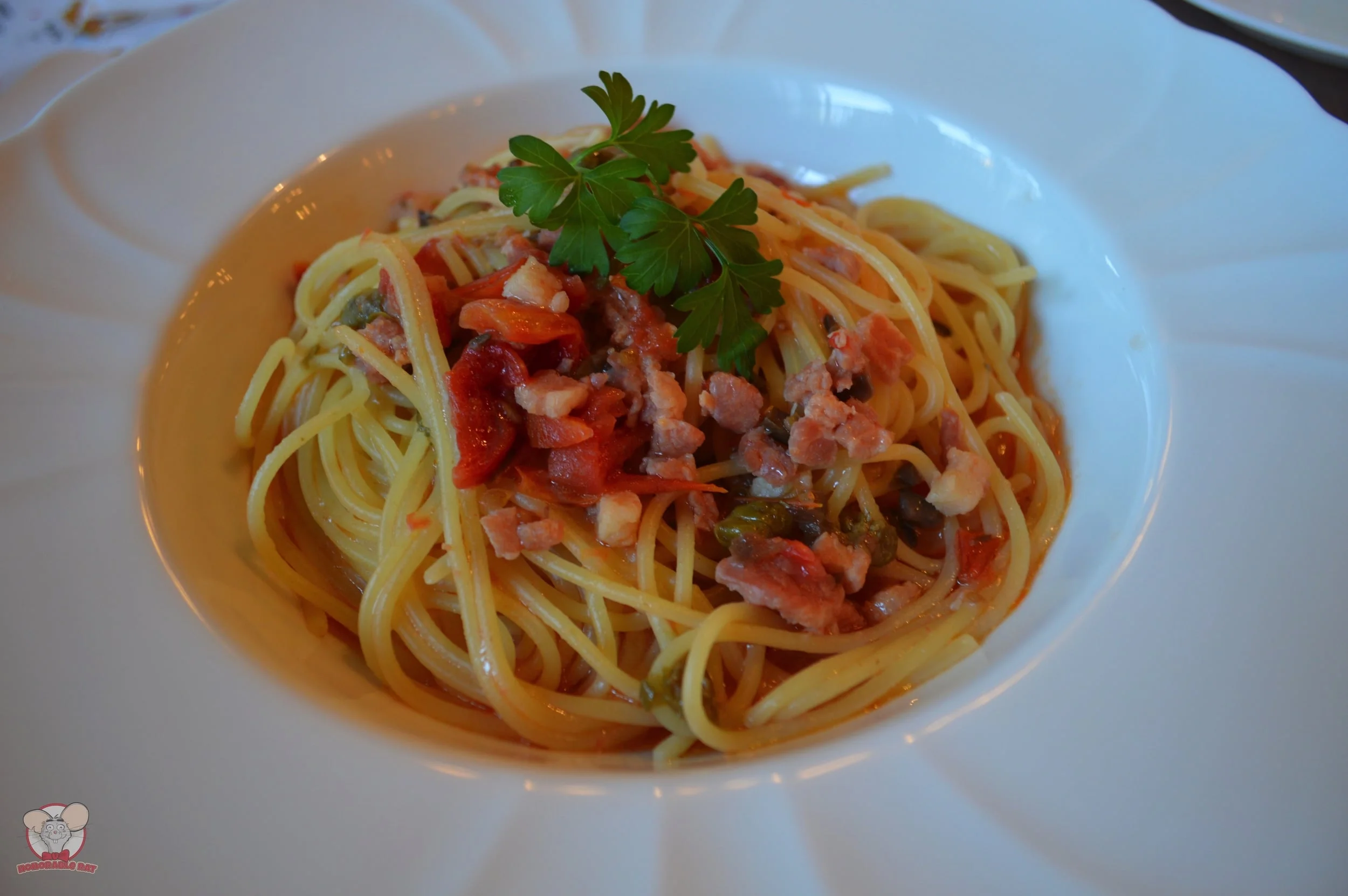 Spaghettini with Pancetta, Dried Tomatoes and Garlic Sauce