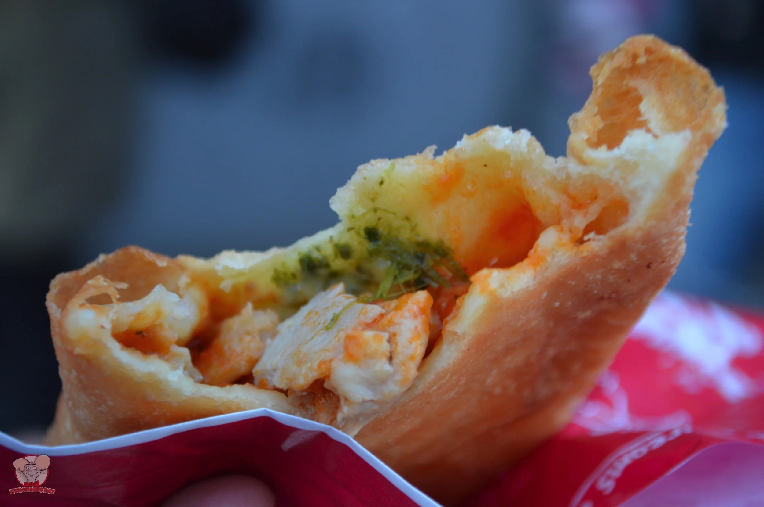 The inside of Fried Pizza Turnover (Chicken & Mozzarella)