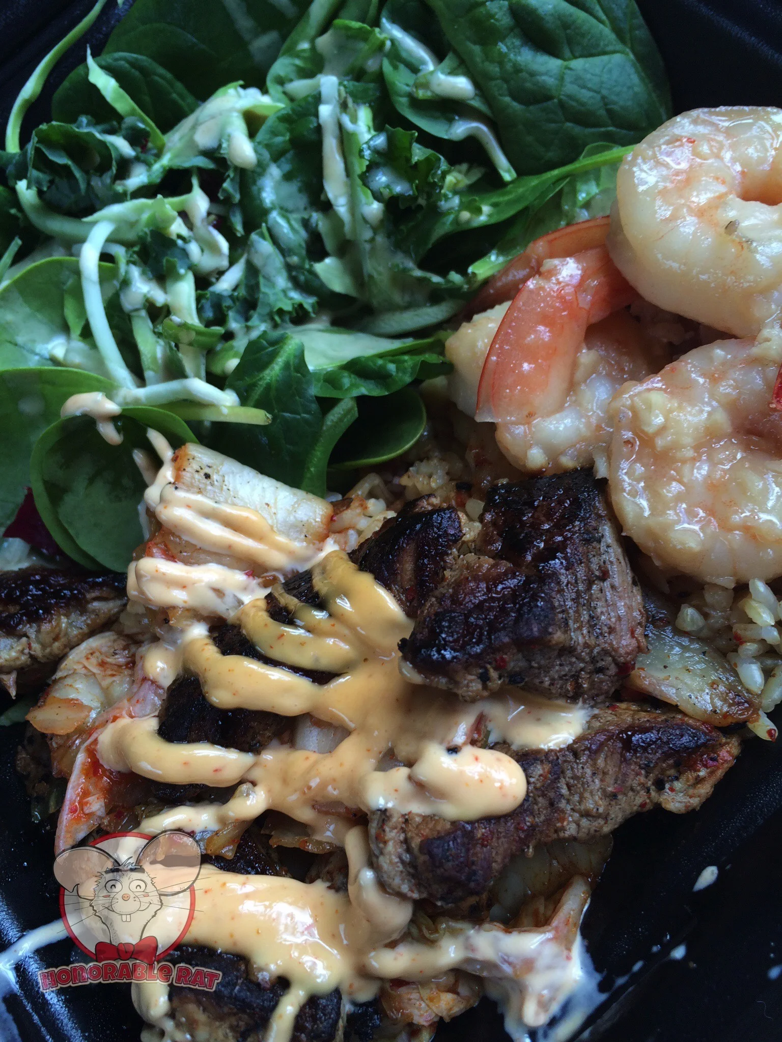 Kim Chee Steak with Shrimp on Rice