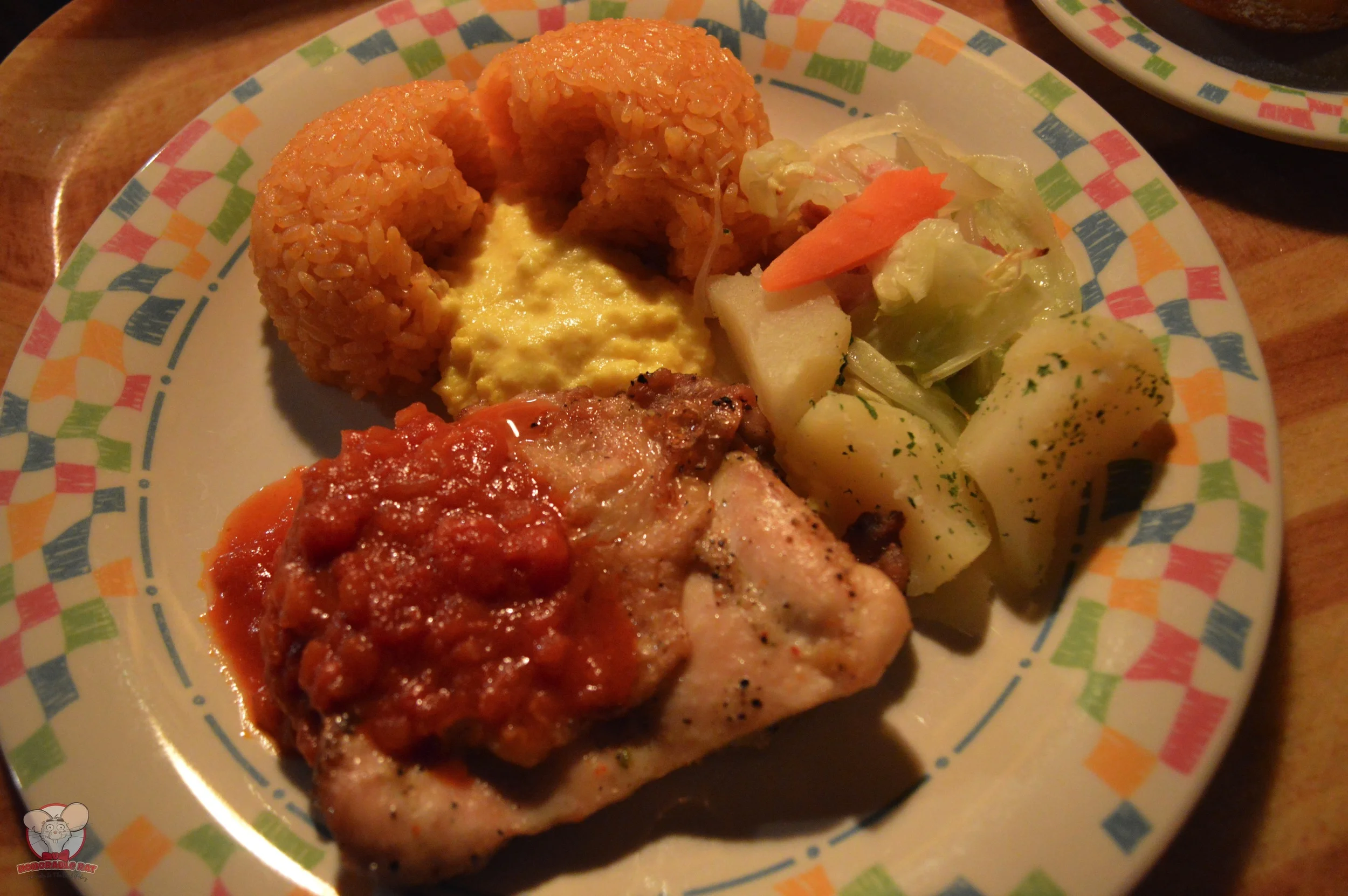Chicken with Tomato Sauce, Scrambled Eggs and Seasoned Rice